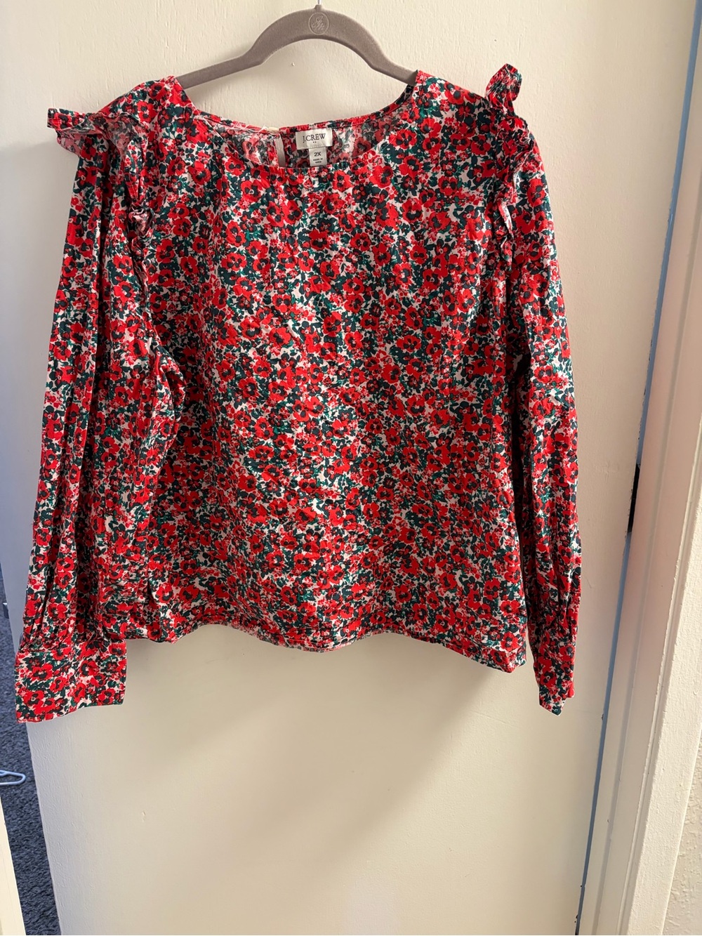 J. Crew Red Floral Ruffle-Shoulder Blouse
